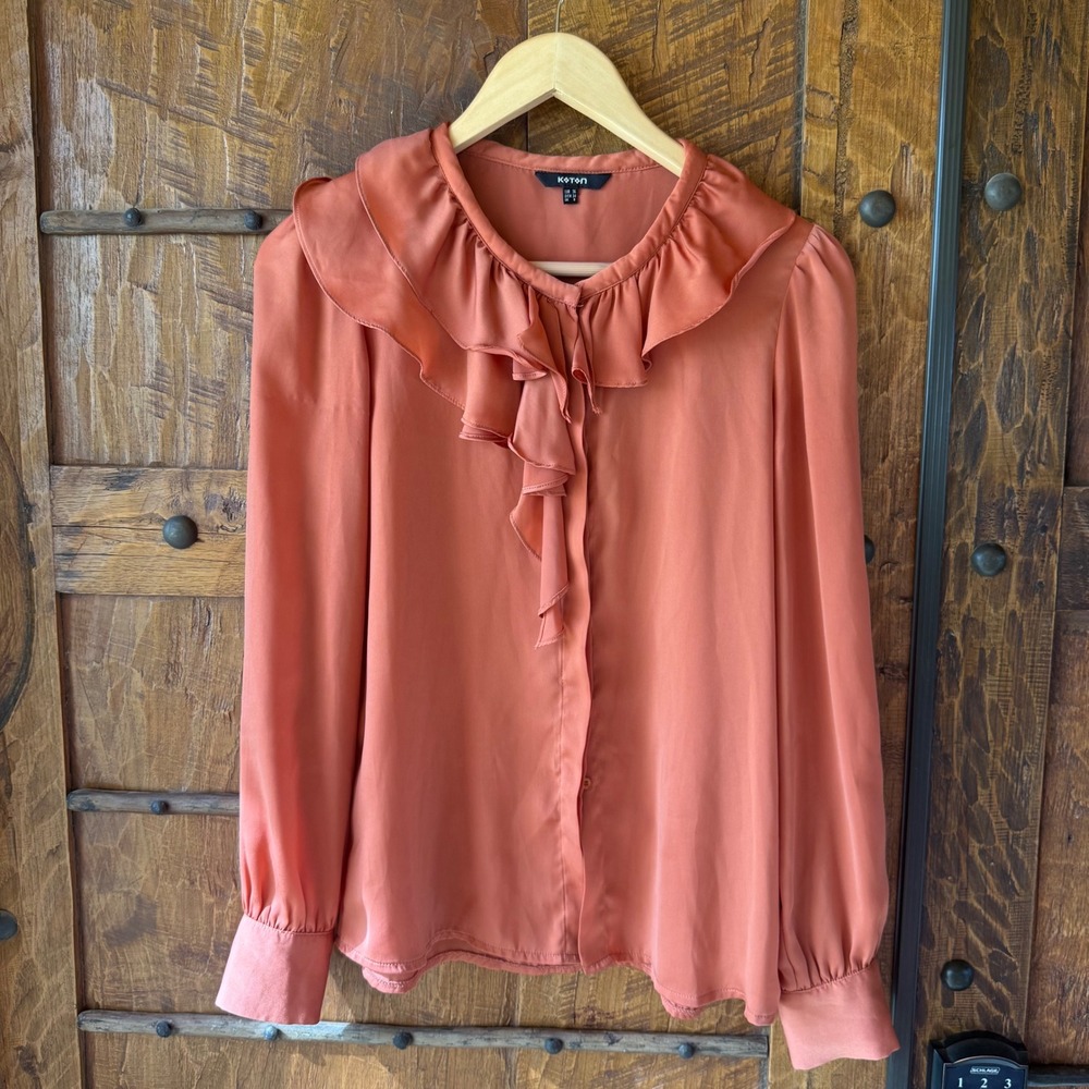 Koton Ruffle Blouse Womens US 4 Coral Orange Long Sleeve Button Up Romantic Top